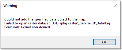 A warning message is followed by the error message when adding a raster dataset in ArcMap fails.