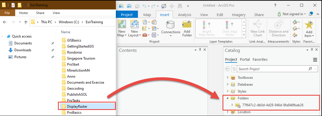Drag and drop the folder in the Content pane in ArcGIS Pro to establish a folder connection.