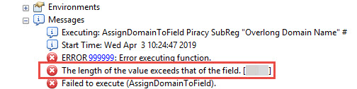 Screenshot of the error when running the Assign Domain To Field tool.