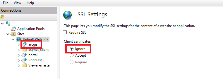 Image of the Ignore selection in SSL Settings for the arcgis instance in Internet Information Services (IIS)