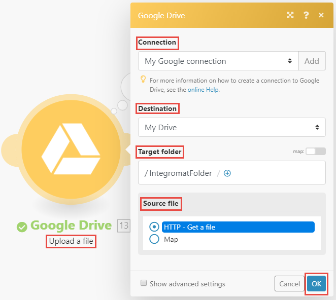 The Google Drive Upload a file module