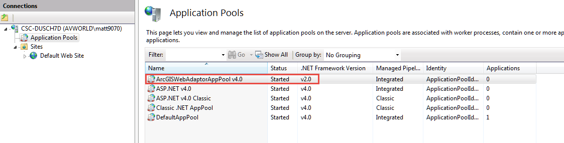 Screenshot of Application Pools with the version of the .NET Framework Version of the web adaptor highlighted