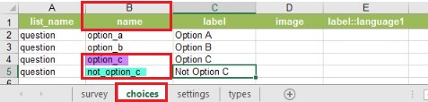 The values in the name column in the choices worksheet.