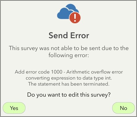 Error message in the Survey123 field app.