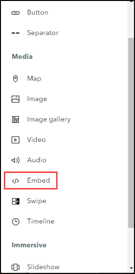 The Embed option from the Add content block drop-down menu