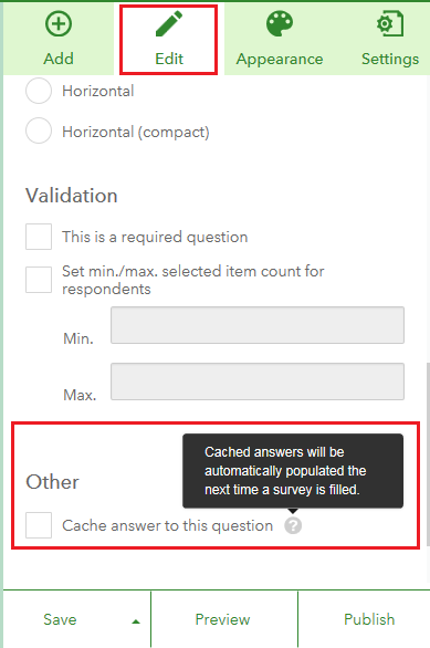 The Edit tab with the 'Cache answer to this question' checkbox