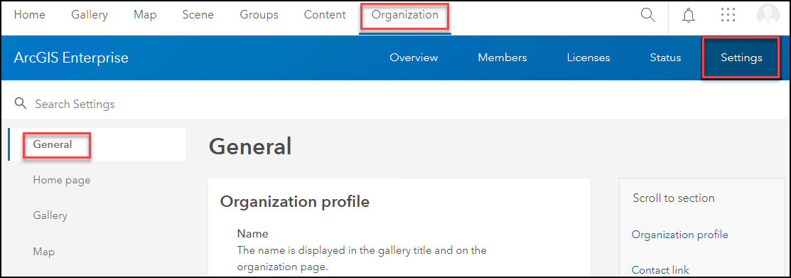 The image of the General page from Settings in ArcGIS Online.