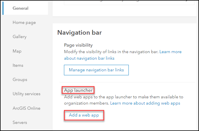The image of the App launcher section under Navigation bar in ArcGIS Online.