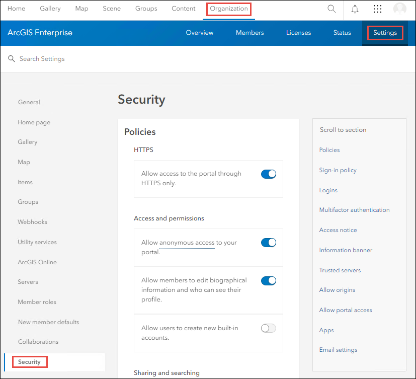 The Security page from Settings in Portal for ArcGIS