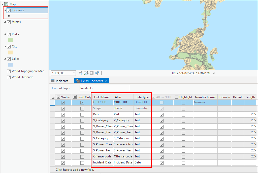 An image of the new feature class and the attribute fields