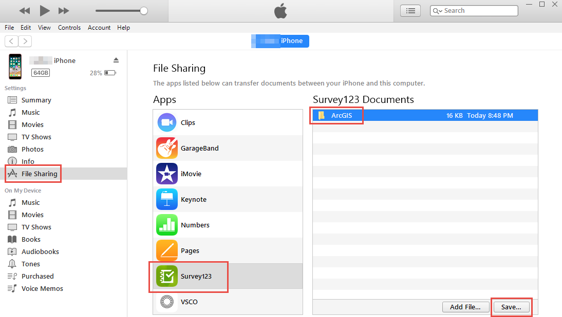 File Sharing window on iTunes