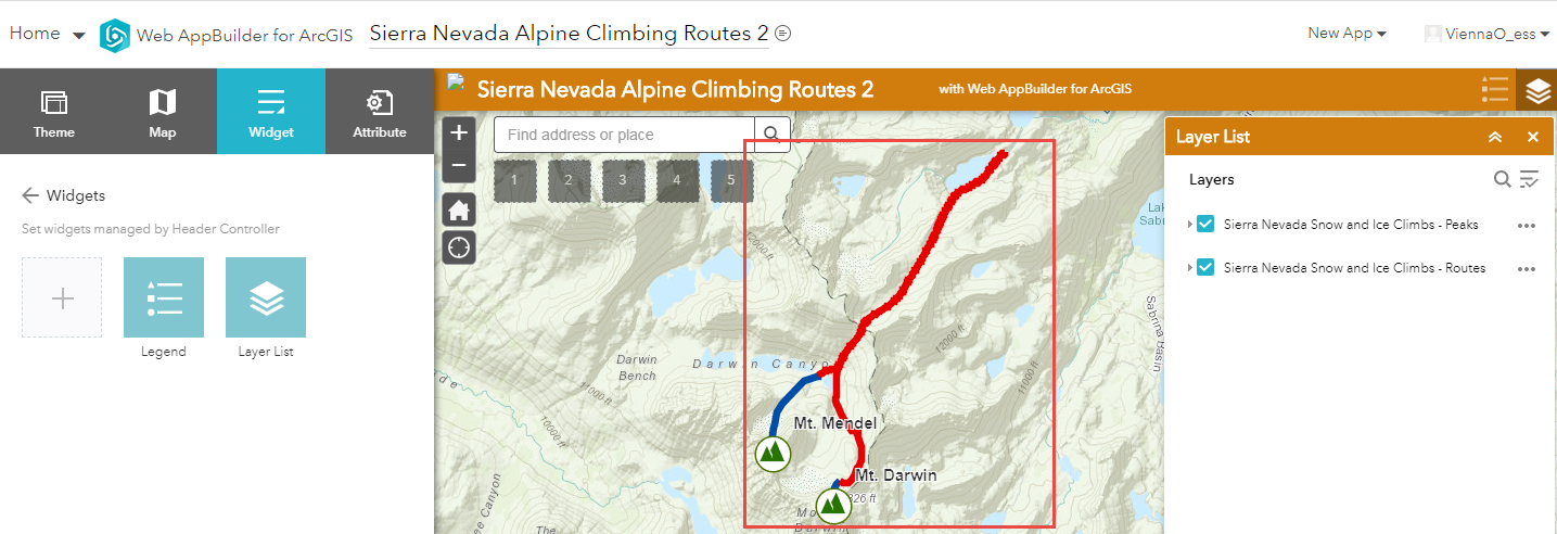 Image showing the Sierra Nevada Snow and Ice Climbs - Routes hosted feature layer displayed on the web map