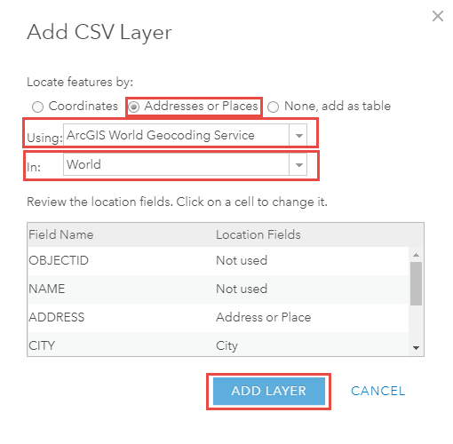 Add CSV Layer dialog box