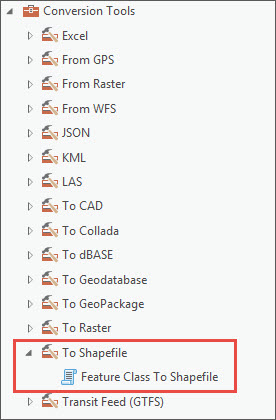 Expanded Conversion Tools drop-down showing To Shapefile