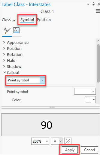 The Point symbol callout in the Label Class pane.