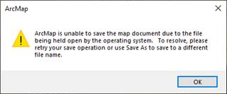 Image showing the warning message returned when attempting to save an ArcMap map document.