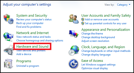 Image showing the Hardware and Sound option in the Control Panel.