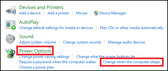 Image showing the option to change the sleep settings under the Power Options in the Control Panel.