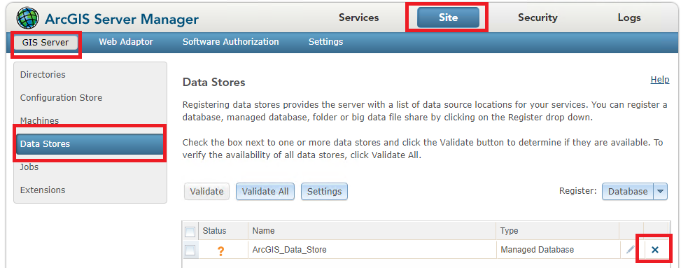 The Managed Database selection in ArcGIS Server Manager