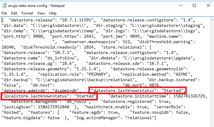 Image of the data store settings in the arcgis-data-store-config.json file