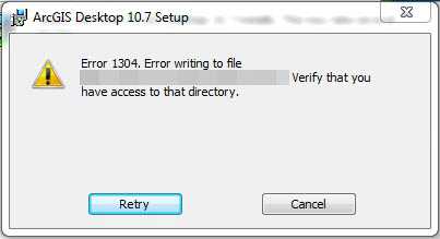 Screenshot of error 1304 when installing ArcGIS Desktop 10.7