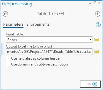 The Table To Excel window.