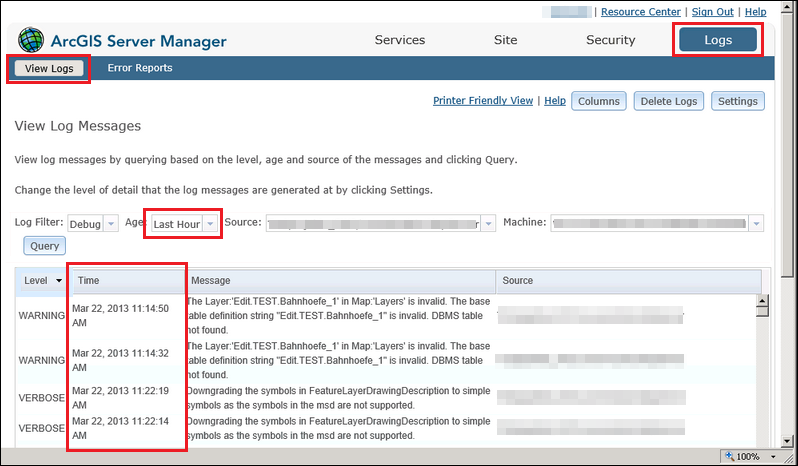 Server logs in ArcGIS Server Manager