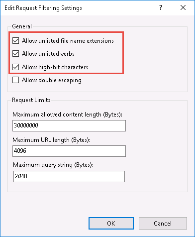 Image of the Allow Unlisted checkboxes in the Edit Request Filtering Settings dialog box