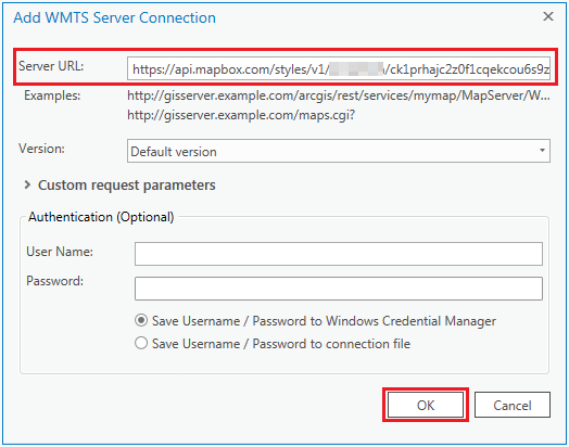 The Add WMTS Server Connection dialog box