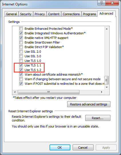 Screenshot of enabling TLS 1.1. and 1.2 in Internet Explorer