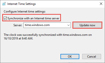 Screenshot of the Internet Time Settings window with the checkbox and Update now button highlighted.