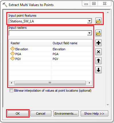 The Extract Multi Values to Points dialog box.