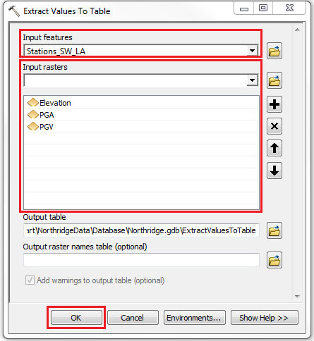 The Extract Values To Table dialog box.