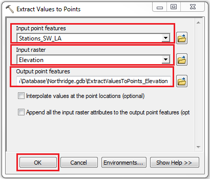 The Extract Values to Points dialog box.