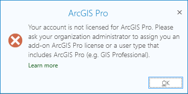 Image of the error window when launching ArcGIS Pro
