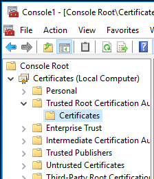 The image of the MMC window with Trusted Root Certification Authorities expanded