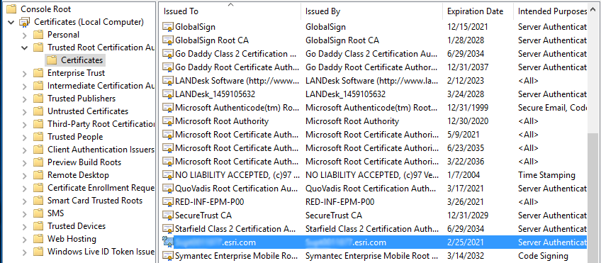 The image of the MMC window with the root certificate added as a trusted certificate for the machine