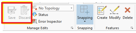 Image of the ArcGIS Pro Save and Discard edits button being grayed out
