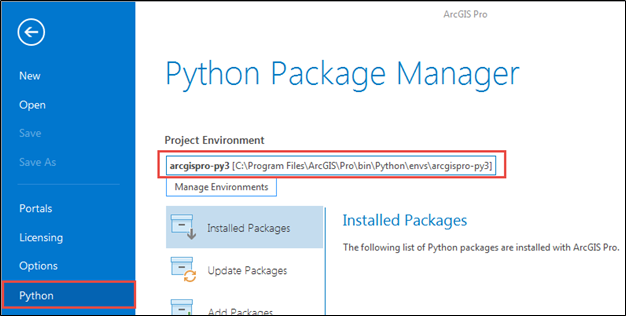 Image showing the Python project environment in ArcGIS Pro.
