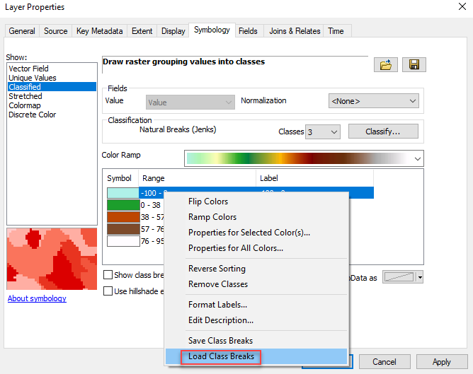 The image of the Layer Properties window with Save Class Break option