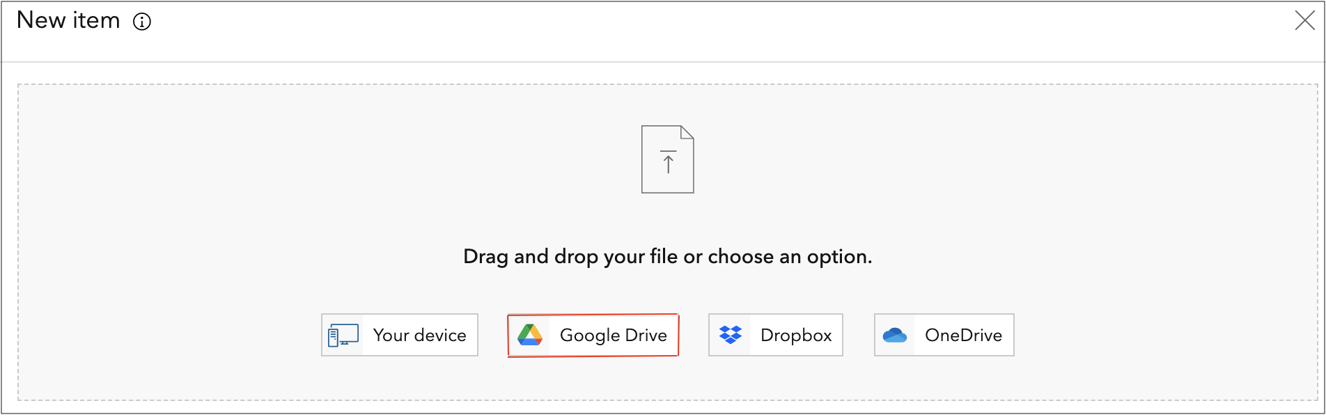 The New item menu displaying the Google Drive option.