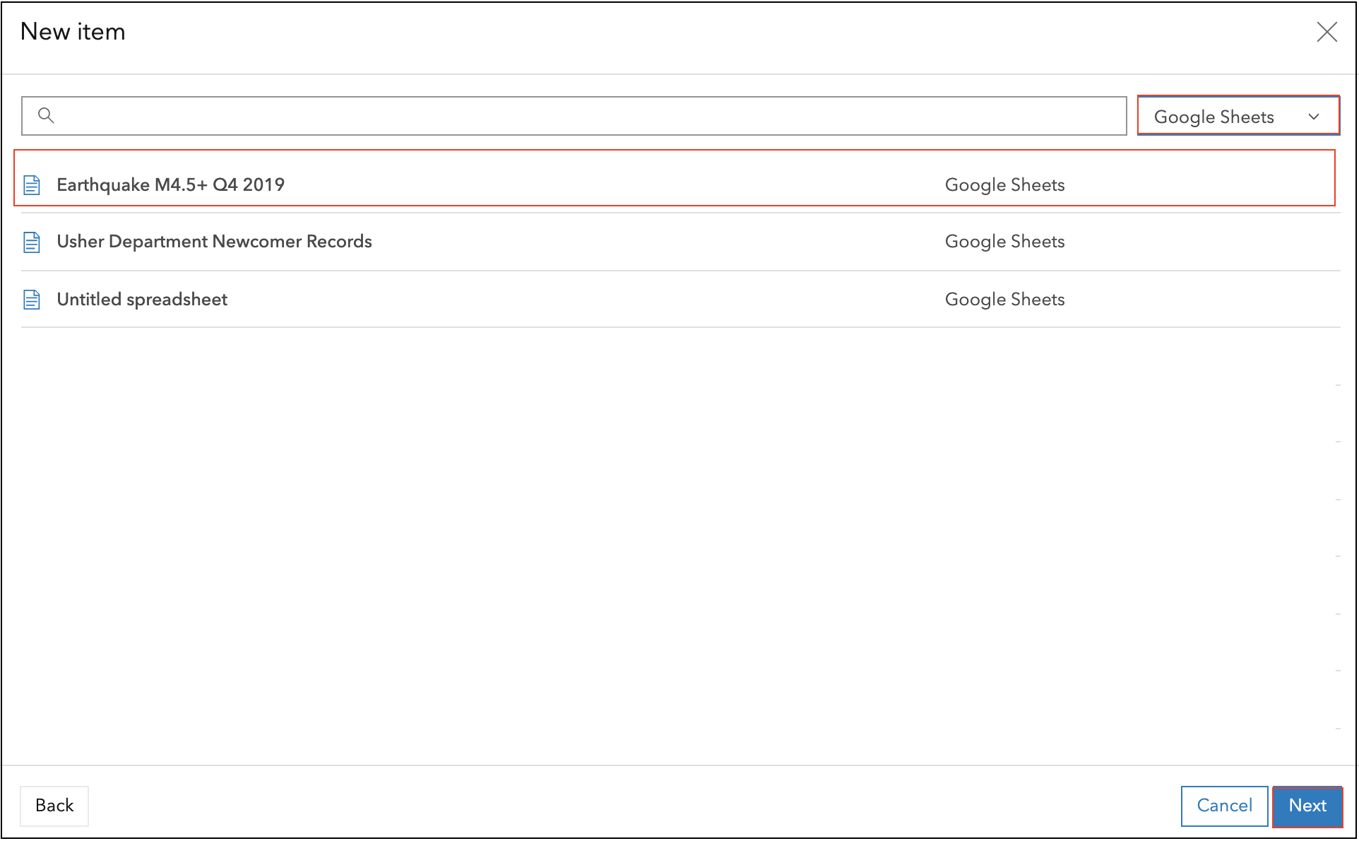 The New item window displaying the Google Sheets options.