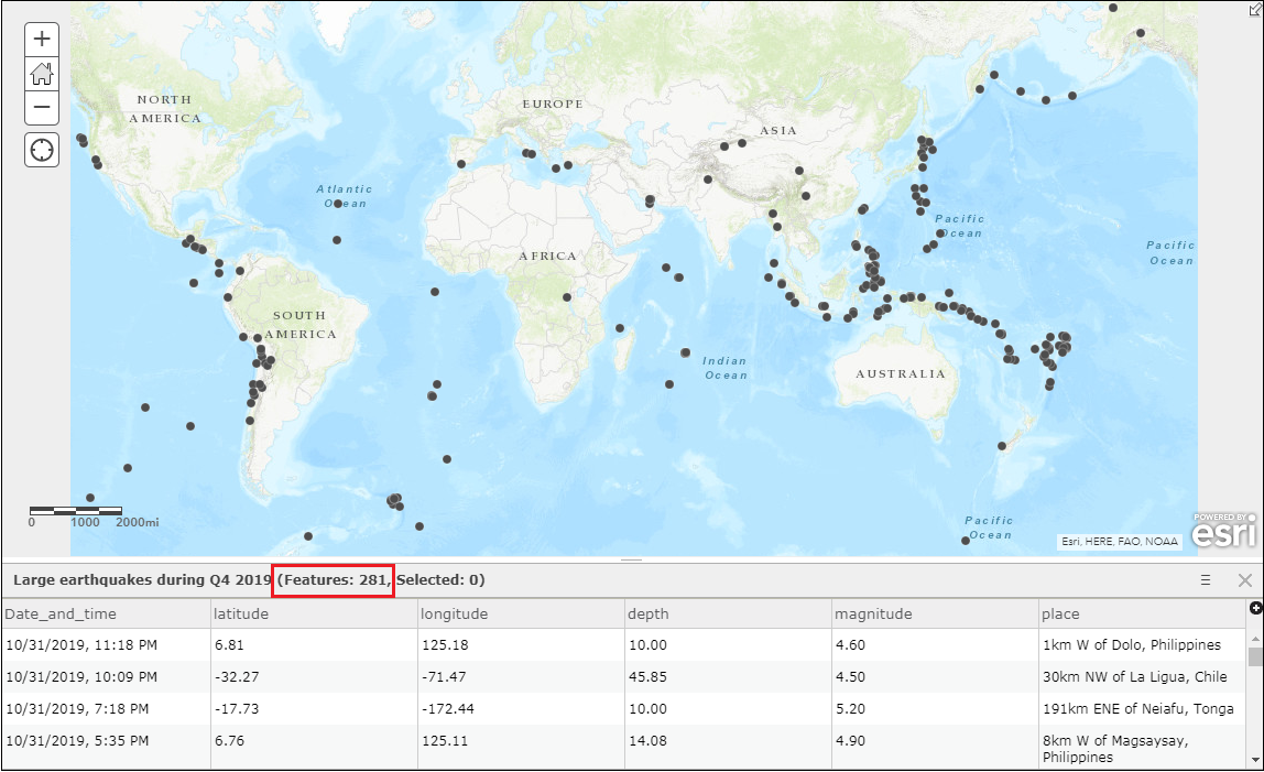 Map Viewer displaying the world's map with 281 features representing earthquake locations on the map.