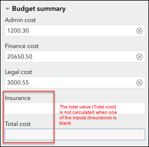 The web form with the Total cost not being calculated when one of the inputs is blank.