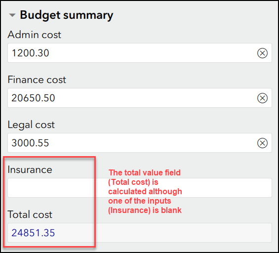 The web form with the Total cost being calculated although one of the inputs (Insurance) is blank.