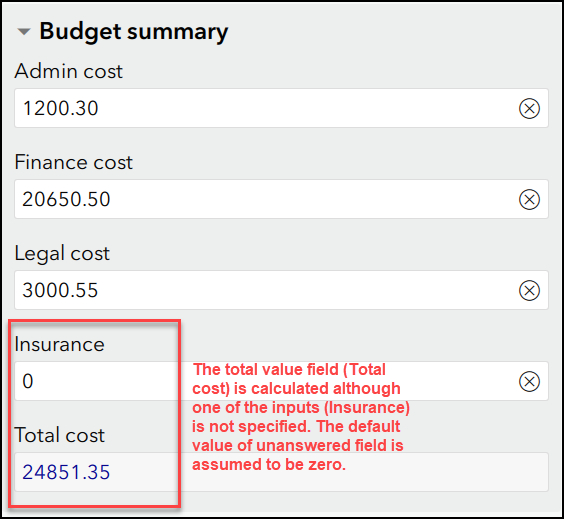 The web form with the Total cost being calculated although one of the inputs is not specified.