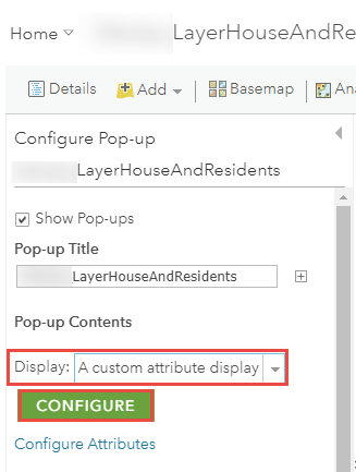 The Configure Pop-up pane in ArcGIS Online Map Viewer Classic.
