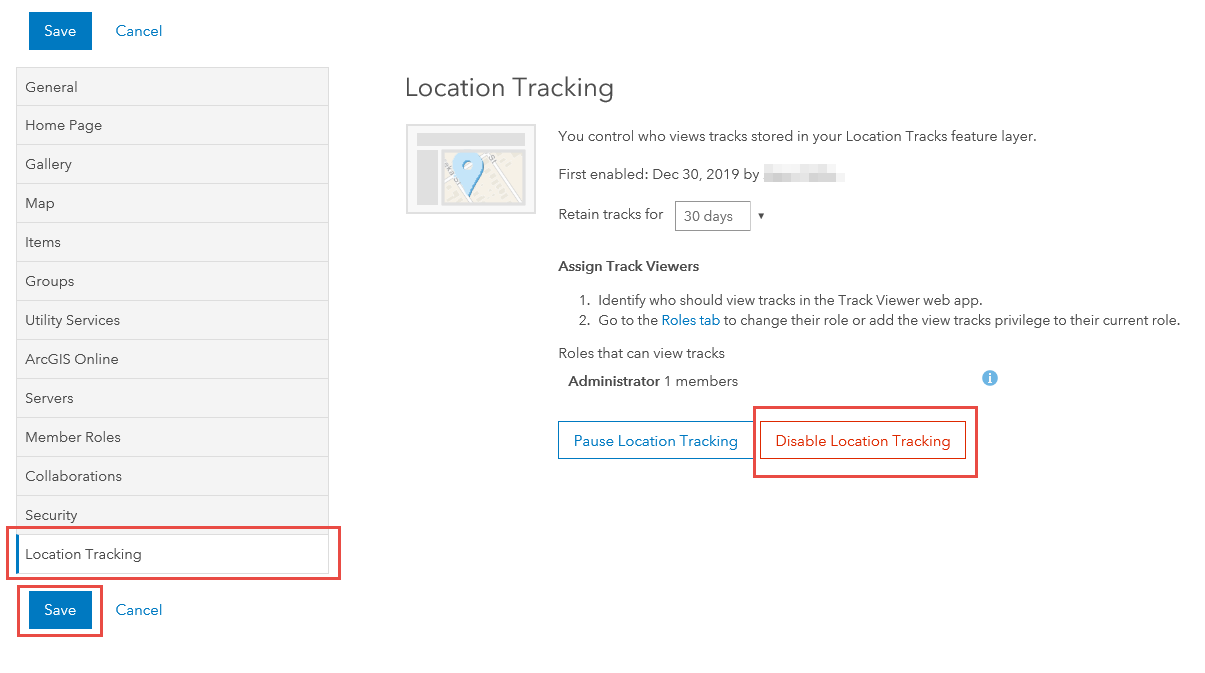 Image of the Disable Location tracking option in Portal for ArcGIS