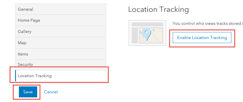 Image of the Enable Location Tracking option in Portal for ArcGIS