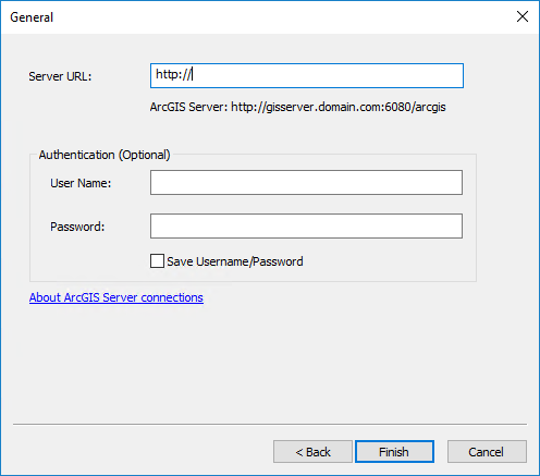 Image of the Server URL field and the User Name and Password fields in the ArcGIS Add Server wizard